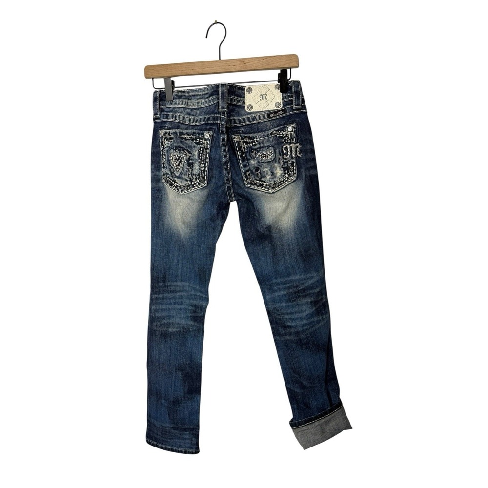 Miss Me‎ Blue Denim Cuffed Straight Signature Jeans Size 26 Embroidered